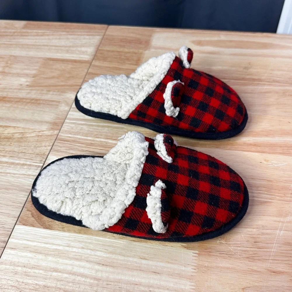 Kids Red Black Buffalo Plaid Bear Ear Slippers Faux Shearling Size 13-1